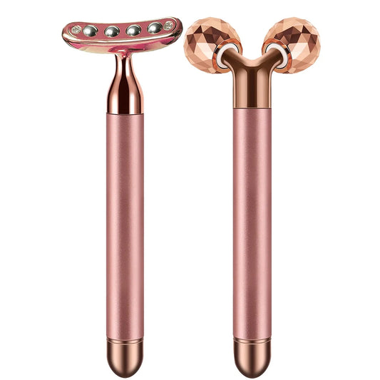 2 in 1 Facial Massager - 3D Electric Roller and 24K T-Shaped Massager